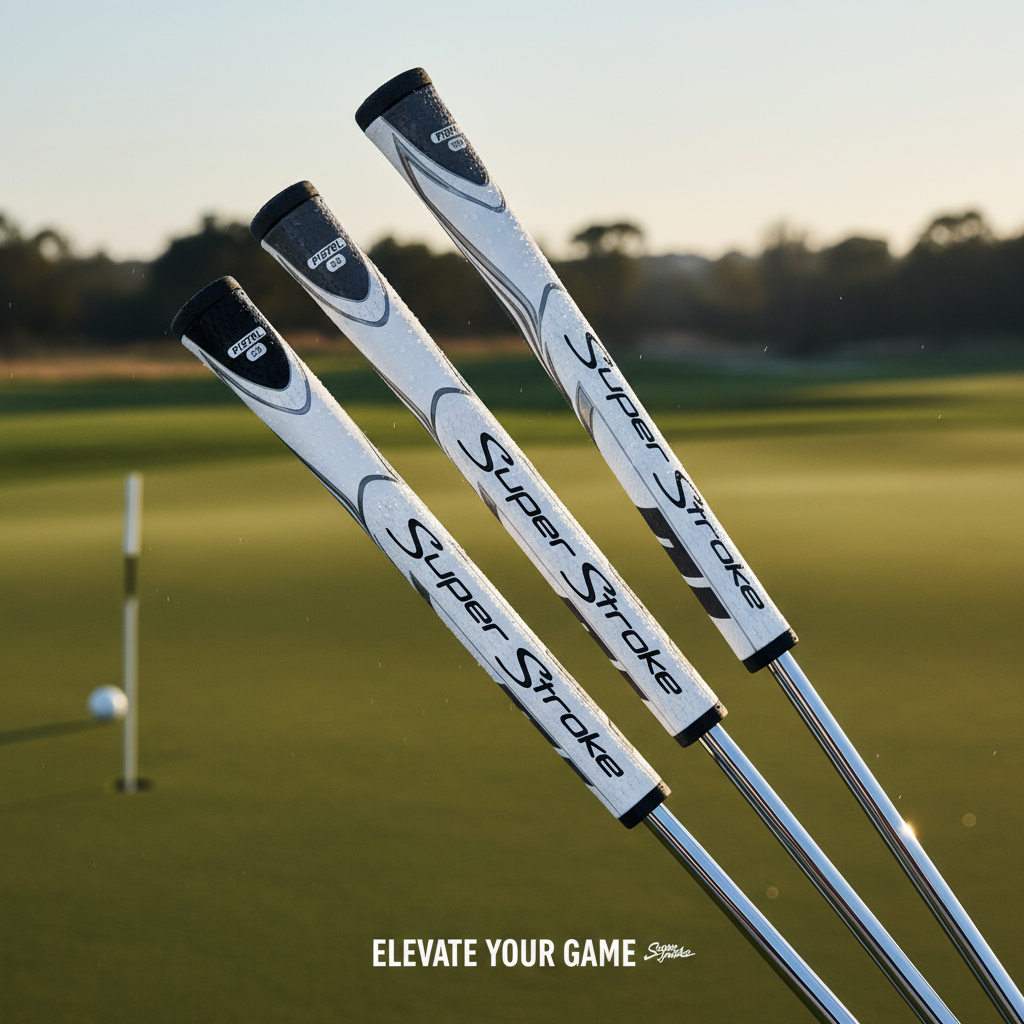 Three Super Stroke golf club heads on a golf course with a sunset background.