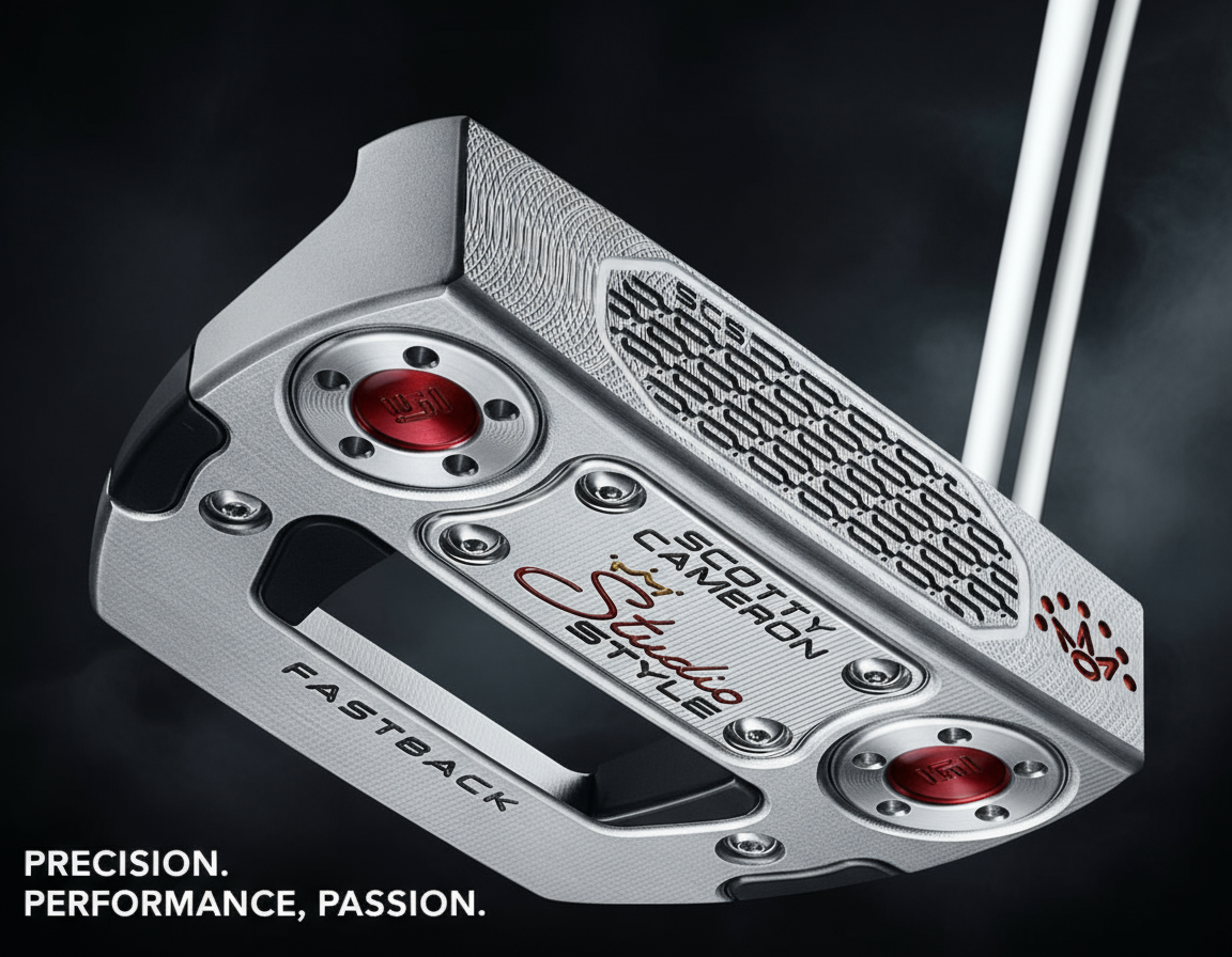 Scotty Cameron golf putter head with branding and text on a dark background