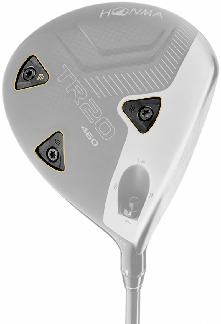 Three sole-weight positions shown on Honma TR20 460. T//WORLD GS uses a different port layout.