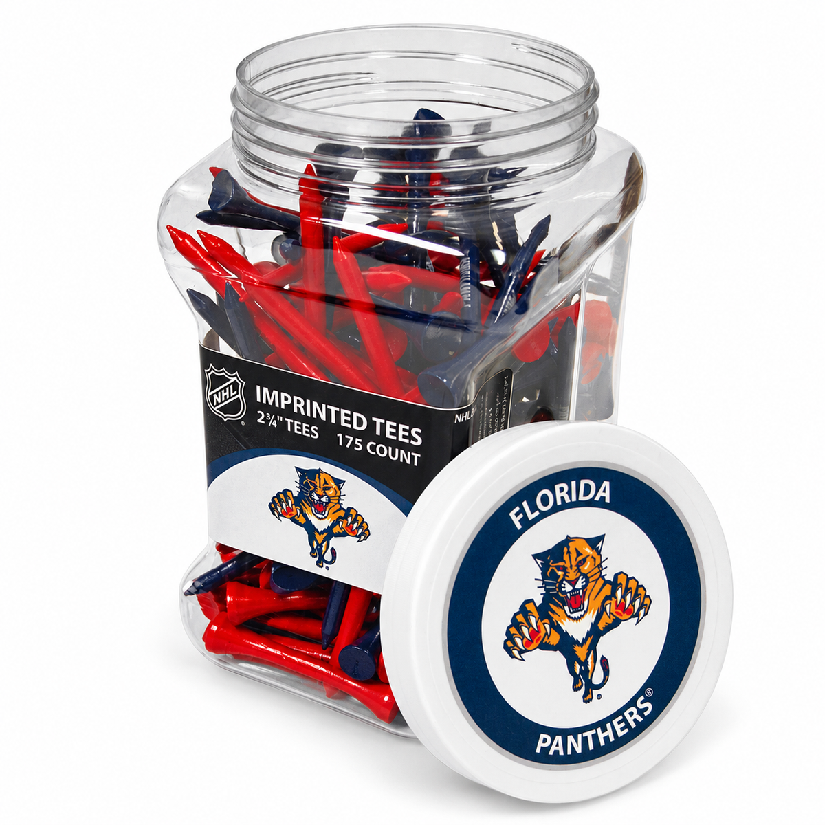 Florida Panthers jar containing 175 2¾-inch golf tees with its separate team-logo lid.