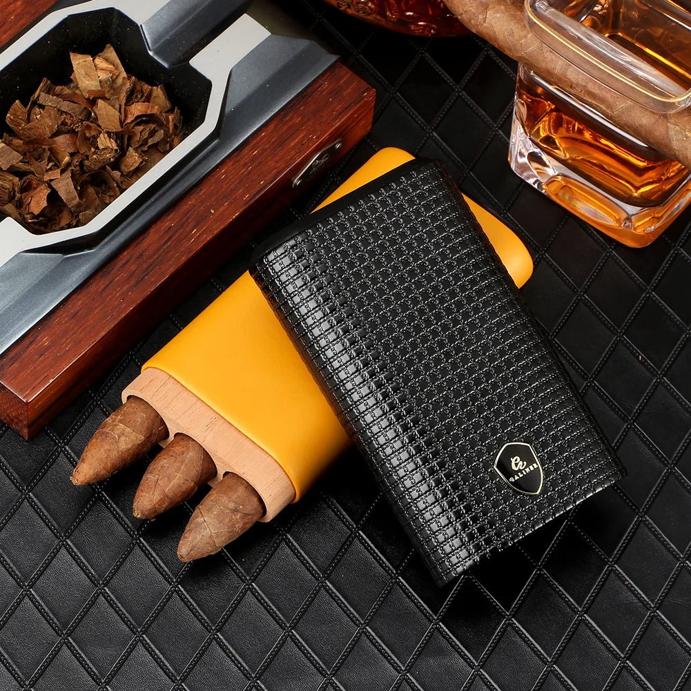 GALINER 3-tube cigar case open showing three cigars loaded in yellow cedar wood tubes