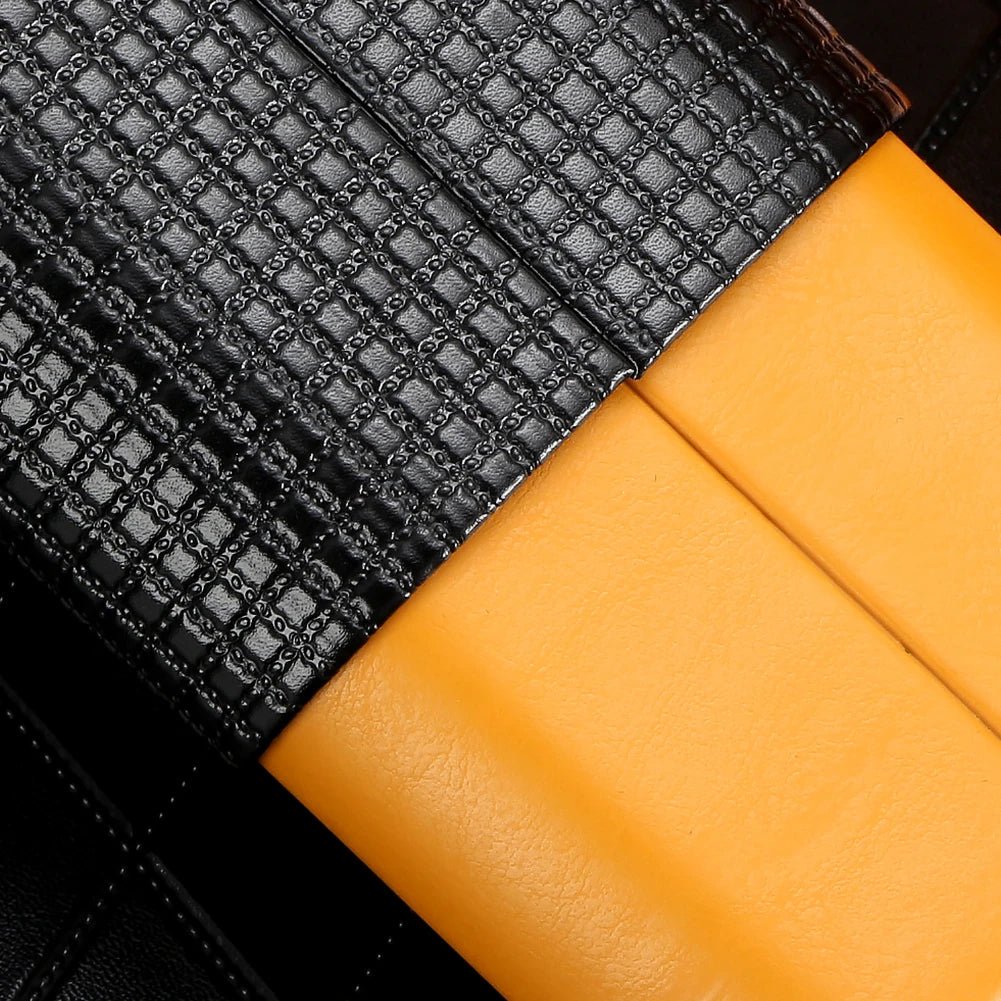 Close-up of black grid-embossed leather and yellow cedar two-tone construction detail
