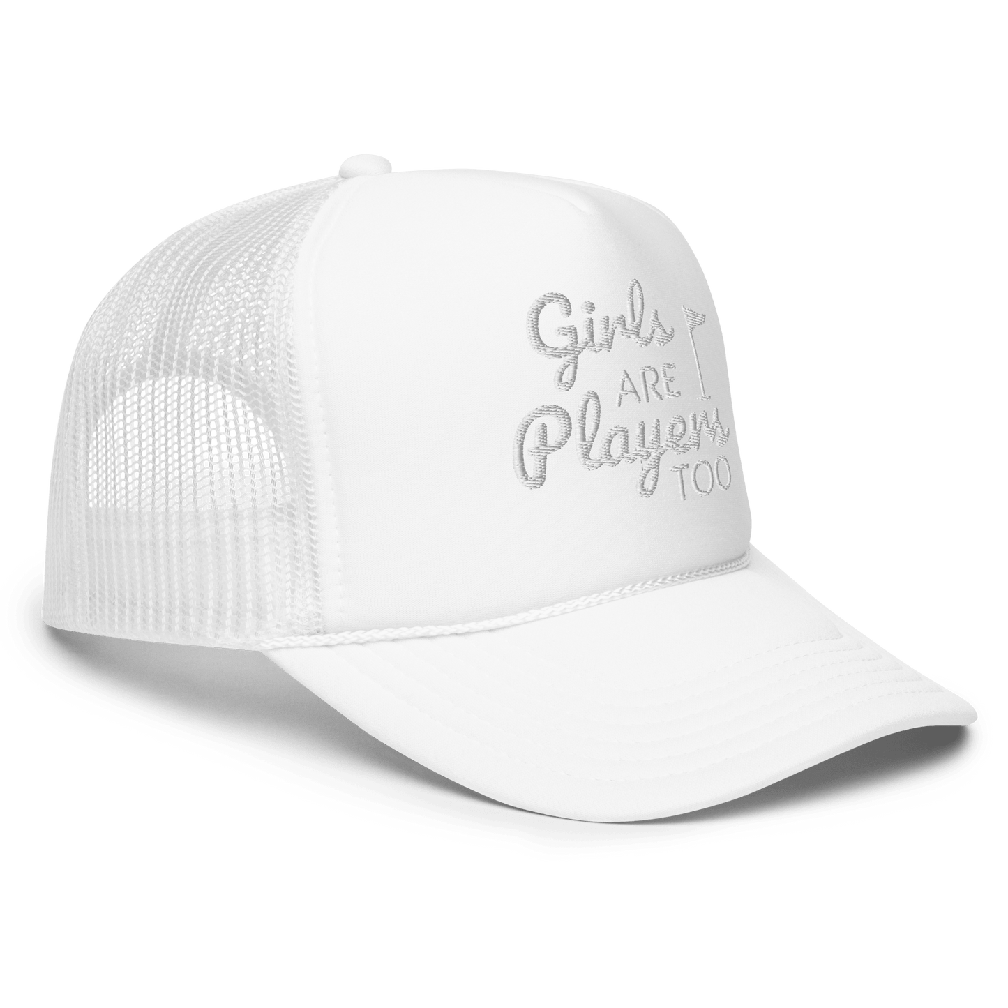 Girls Are Players, Too Embroidered Trucker Hat - White - Club Rehab