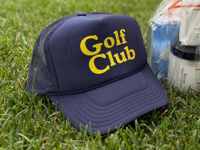 Golf Club Trucker Hat – Foam Mesh Hat with Golden Yellow Print - Black - Club Rehab