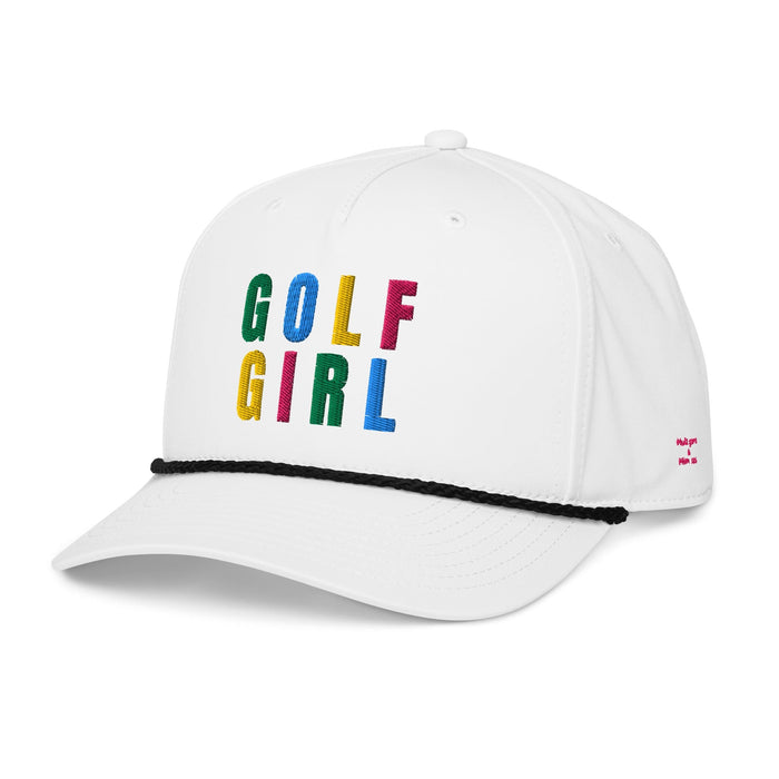 GOLF GIRL Embroidered Rope Hat – Multicolor Letters, Retro Golf Hat for Women, Birdie Pop Collection - Black/White - Club Rehab