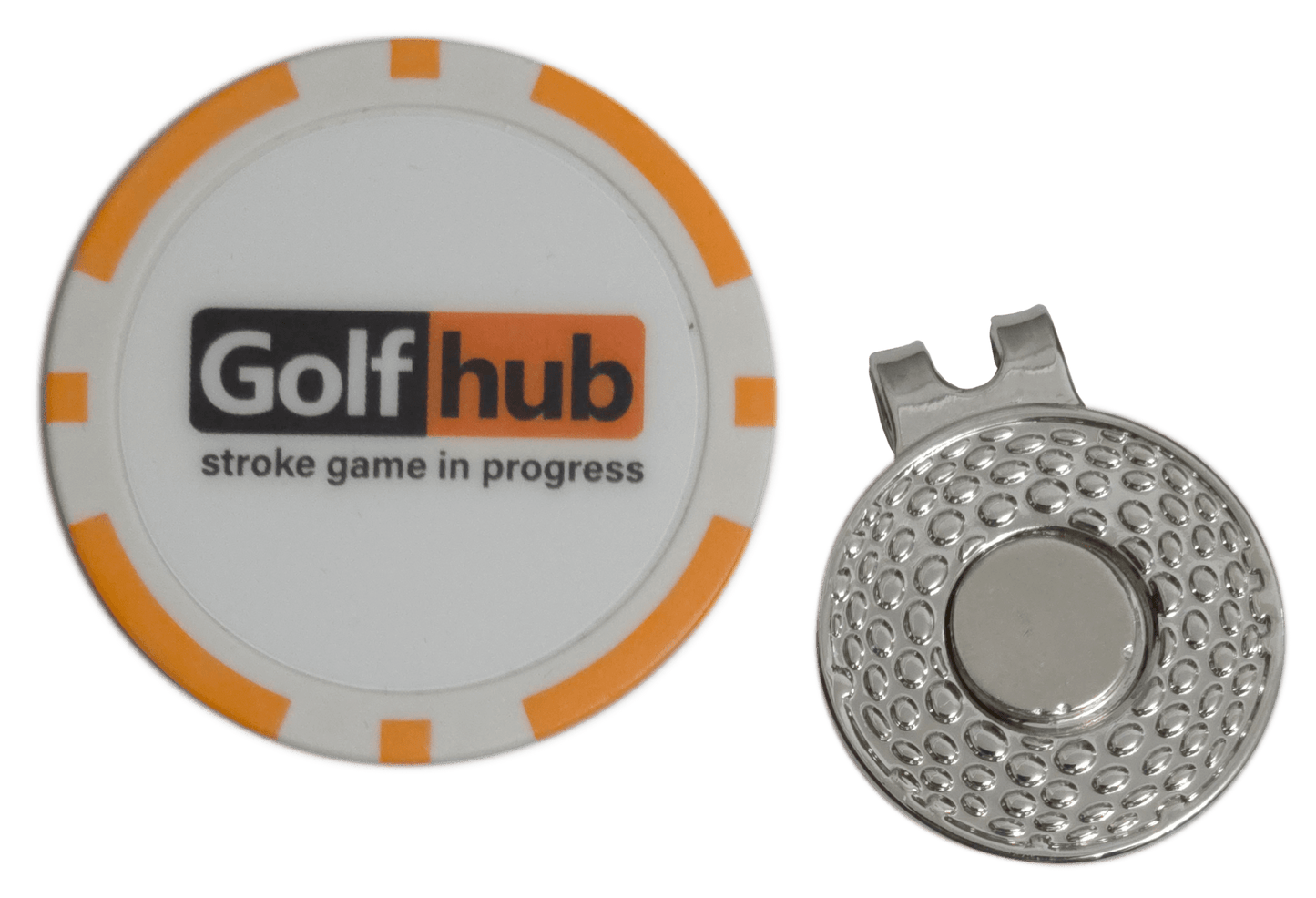 Golf hub marker with orange border and metal ball marker on a white background