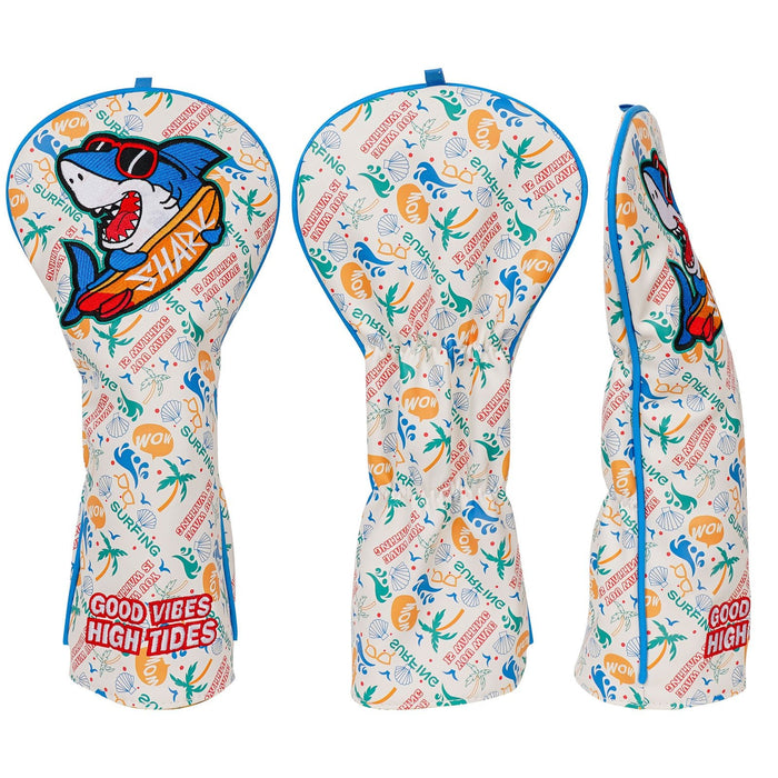Colorful golf club head covers with shark design and text on a white background