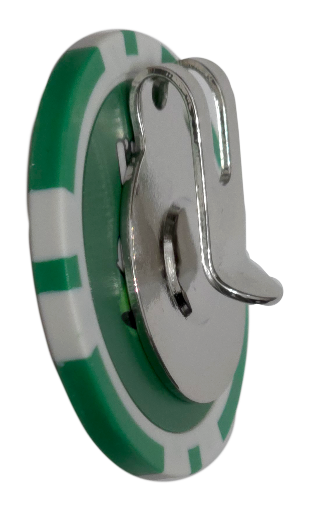 Green and silver plastic hook on a white background