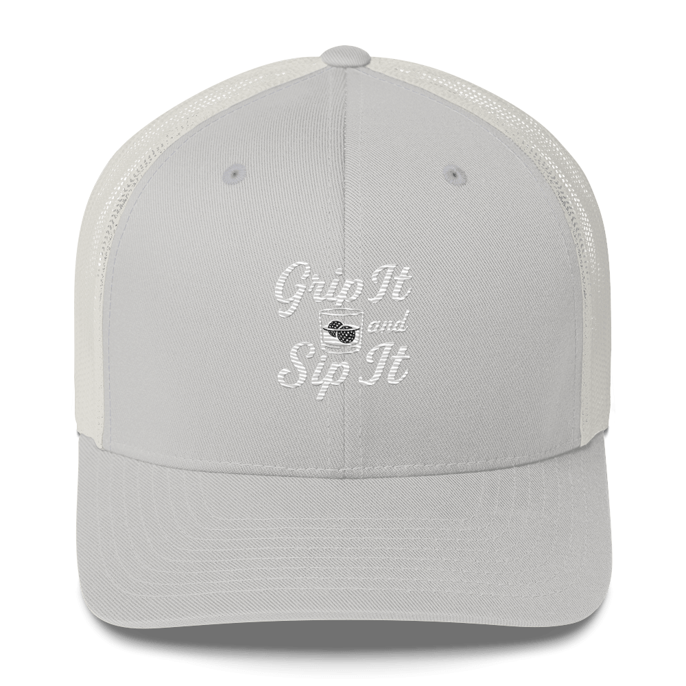 Grip It and Sip It Trucker Hat – Classic Golf Style with a Twist - Silver - Club Rehab