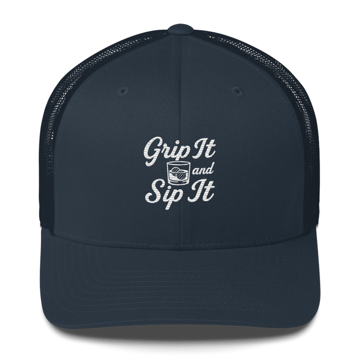 Grip It and Sip It Trucker Hat – Classic Golf Style with a Twist - Navy - Club Rehab
