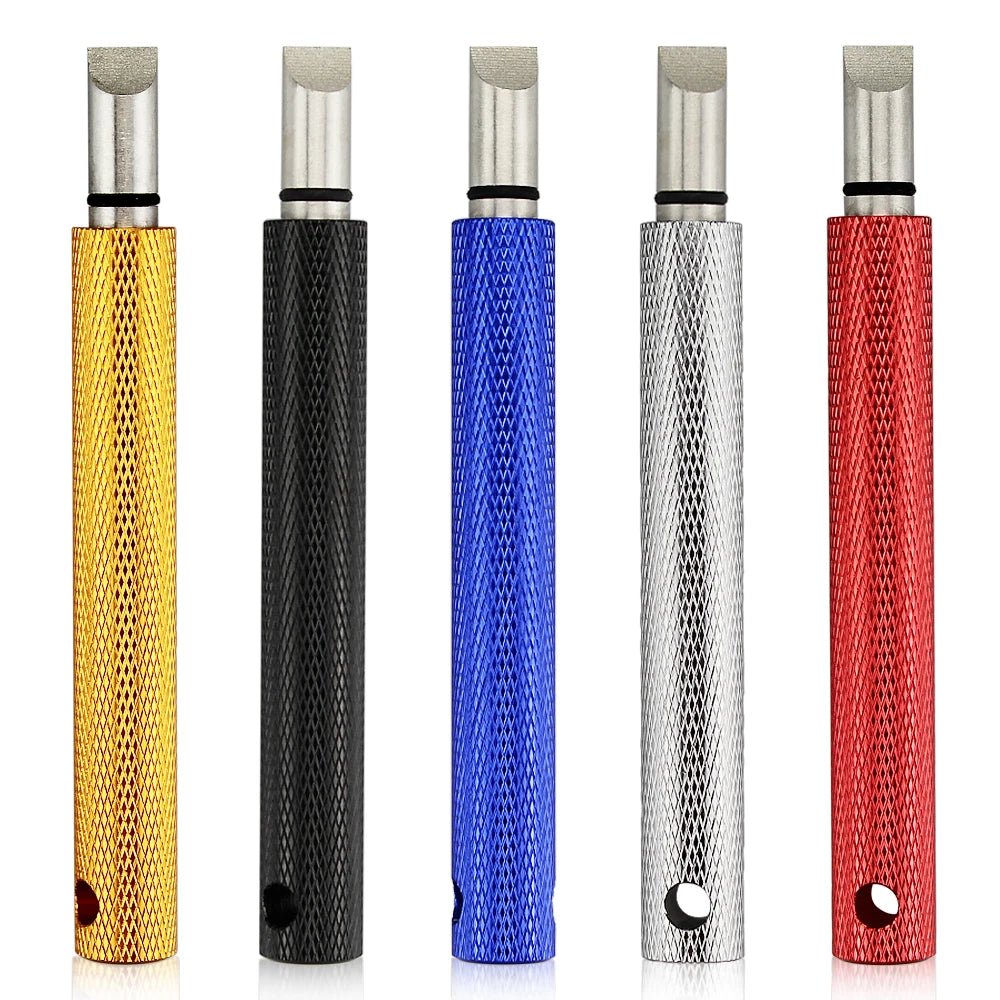 GrooveMaster Pro Golf Club Sharpener - Club Rehab - Golf ToolsFirebird Red A lineup of five vibrant golf club groove sharpeners, each featuring a textured aluminum alloy handle for a secure grip. From left to right, the colors are gold, black, blue, silver, and red. The sharpeners have sleek, cylindrical designs and exposed sharpening heads, showcasing their precision - crafted build and stylish appearance.