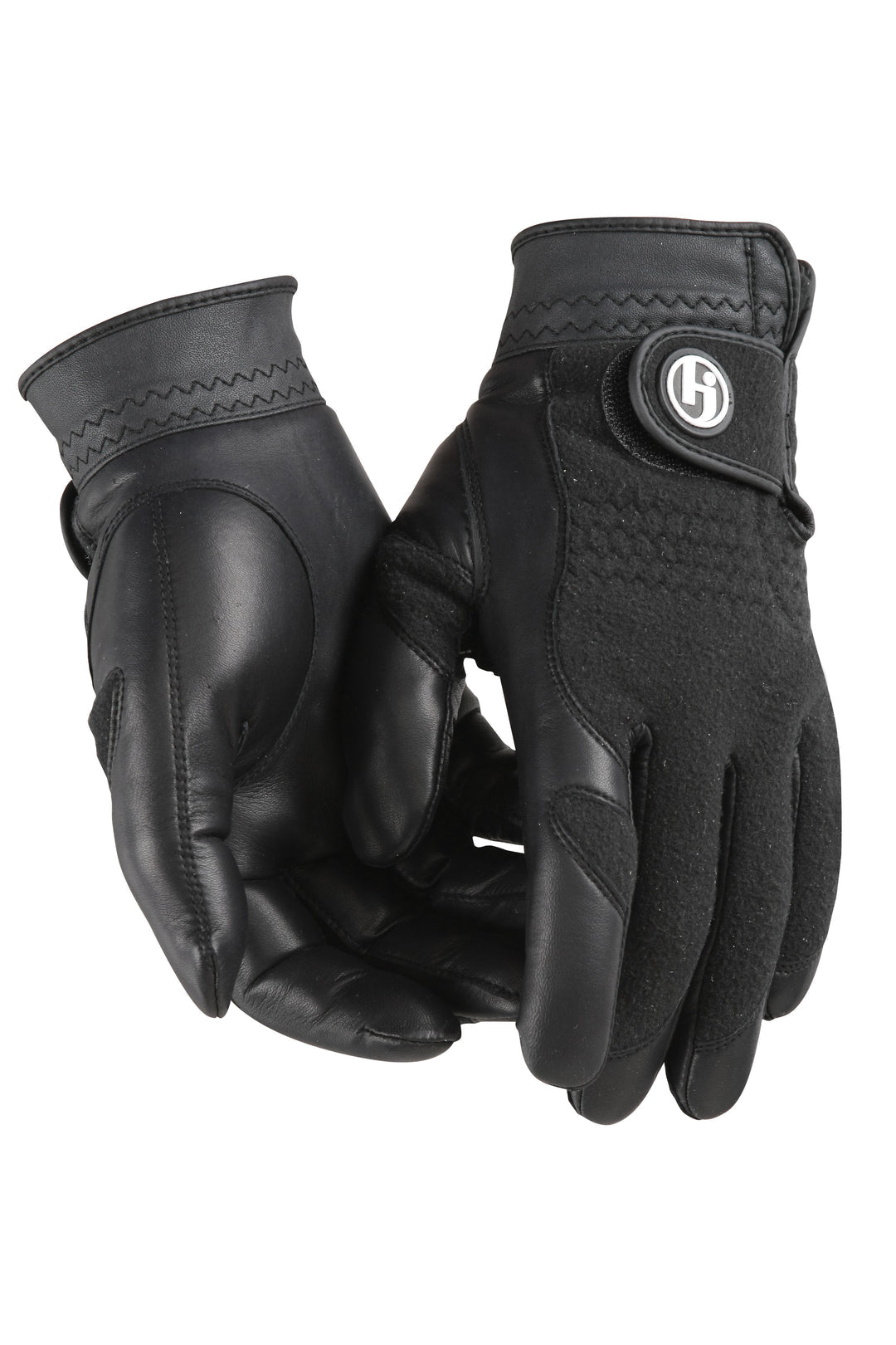 Pair of black HJ Winter Performance Golf Gloves featuring a textured Cabretta leather palm and adjustable Velcro wrist strap.