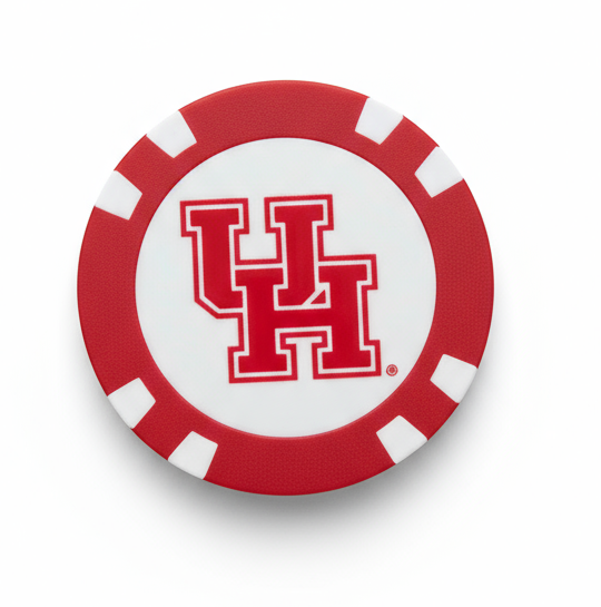 Red and white circular object with 'UH' logo on a white background
