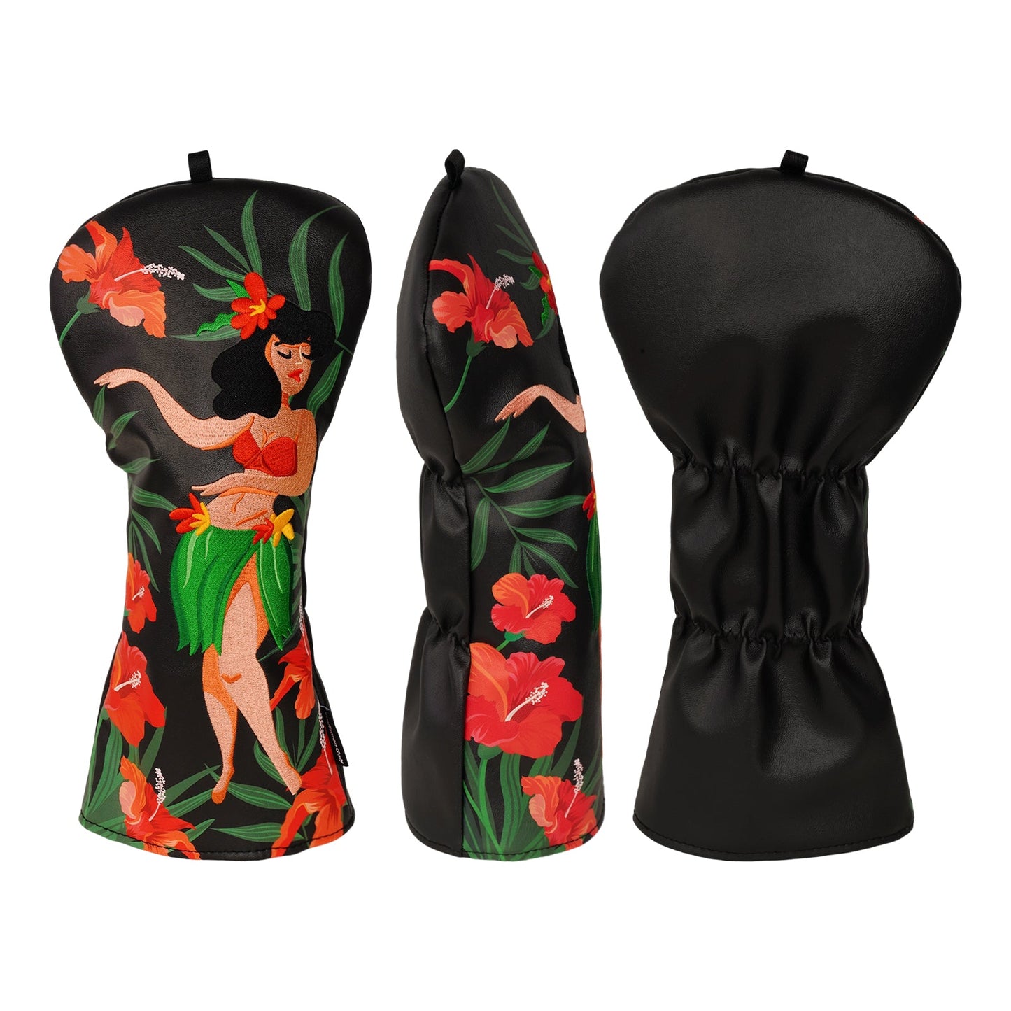 Tropical-themed golf club head covers with a woman and flowers design on a white background.