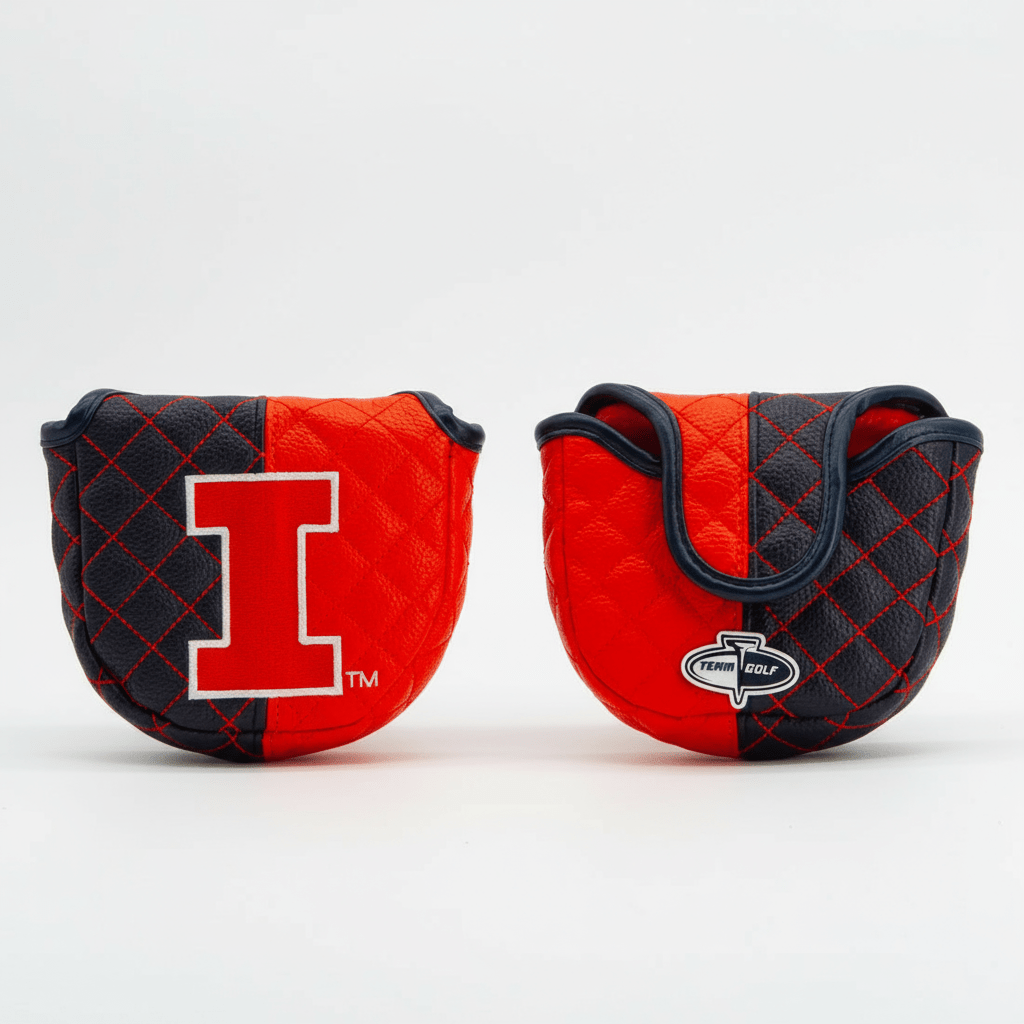 Two red and black quilted golf club covers with logos on a white background