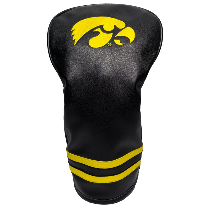 Black golf club head cover with yellow logo and stripes on a white background