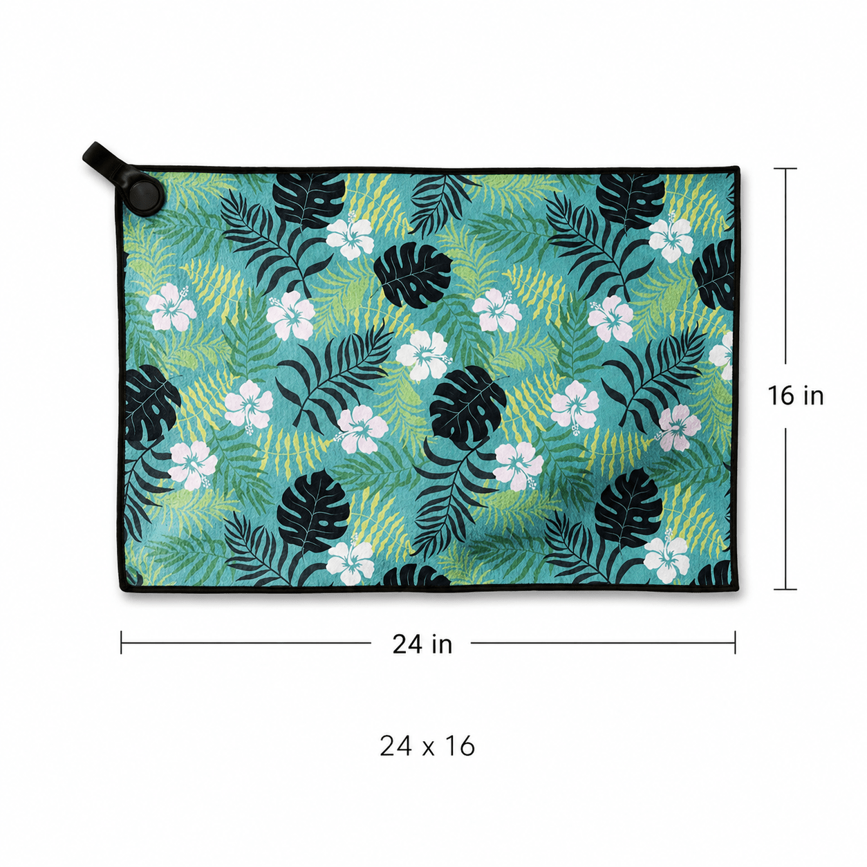 Rectangular mat with tropical leaf and flower pattern, dimensions indicated.