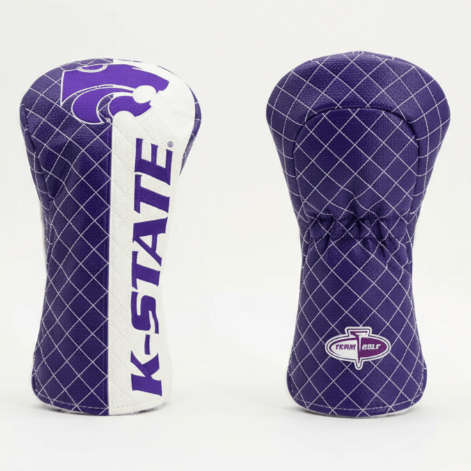 Two purple and white golf club head covers with K-State logo on a light gray background