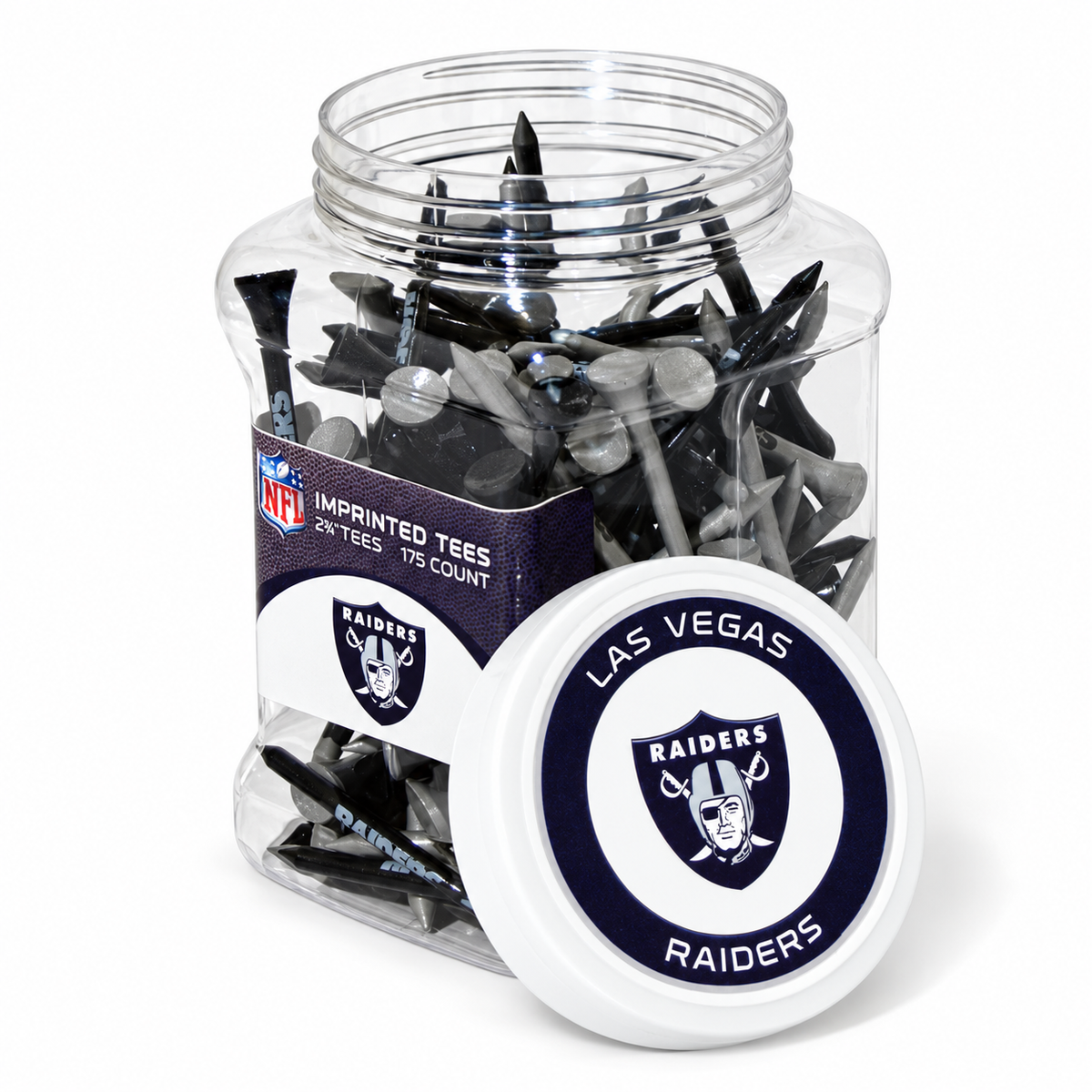 Close-up of the Las Vegas Raiders 175-count tee jar and separate lid.