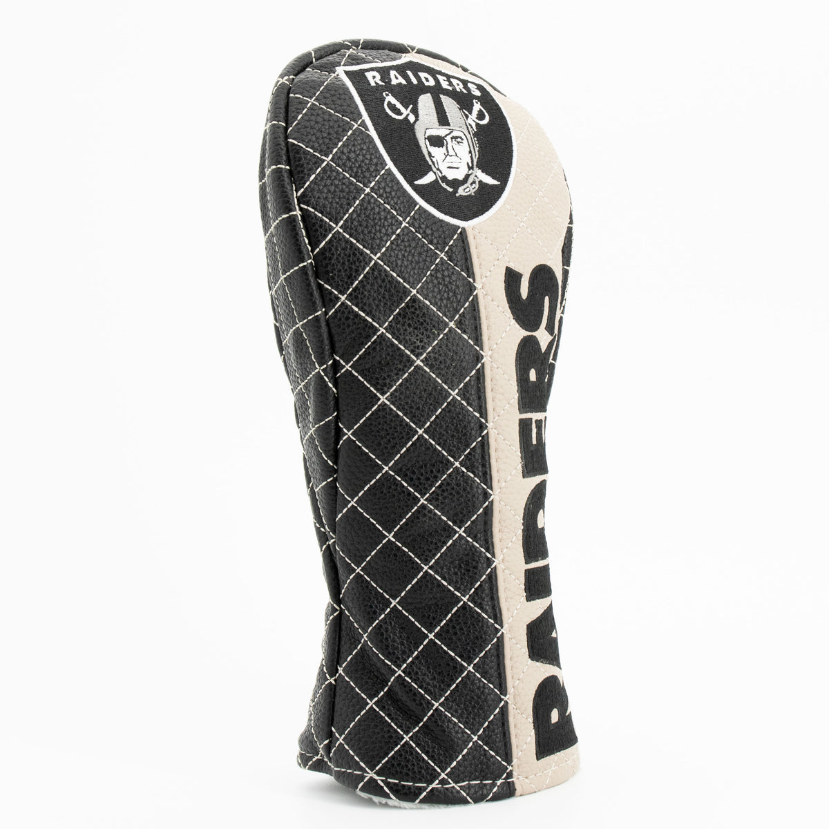 Las Vegas Raiders Split Fairway quilted headcover, angled view