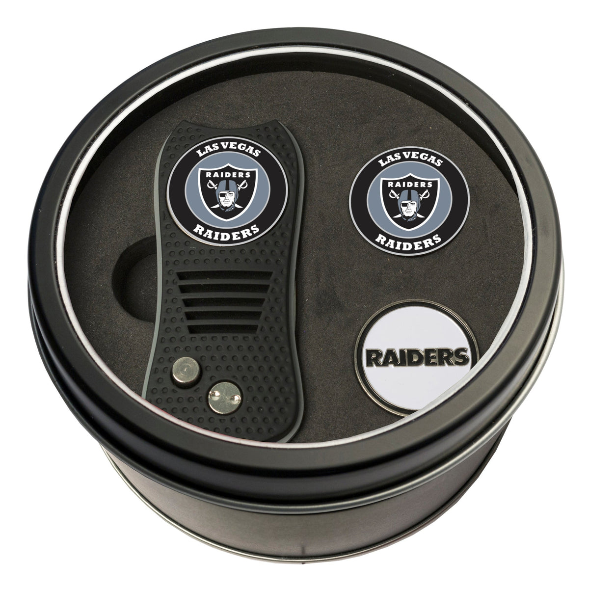 Las Vegas Raiders Switchblade divot tool and ball marker tin gift set