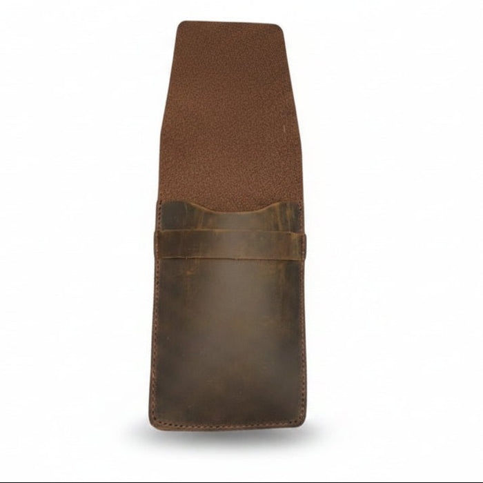Brown leather cigar case with cigars on a white background