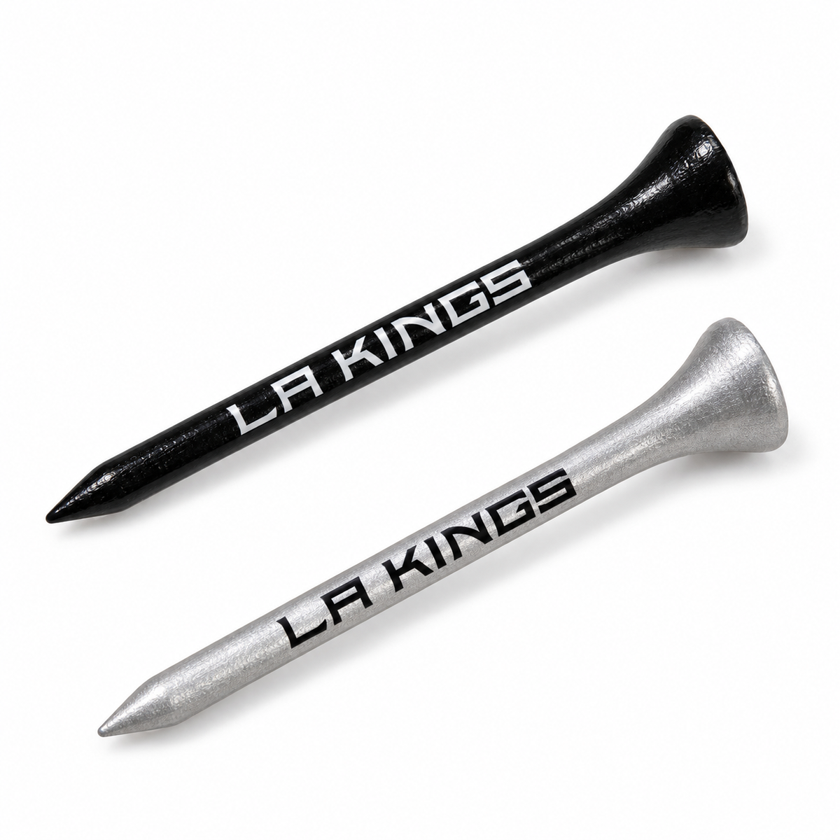 Los Angeles Kings golf tees in black and silver with team lettering.