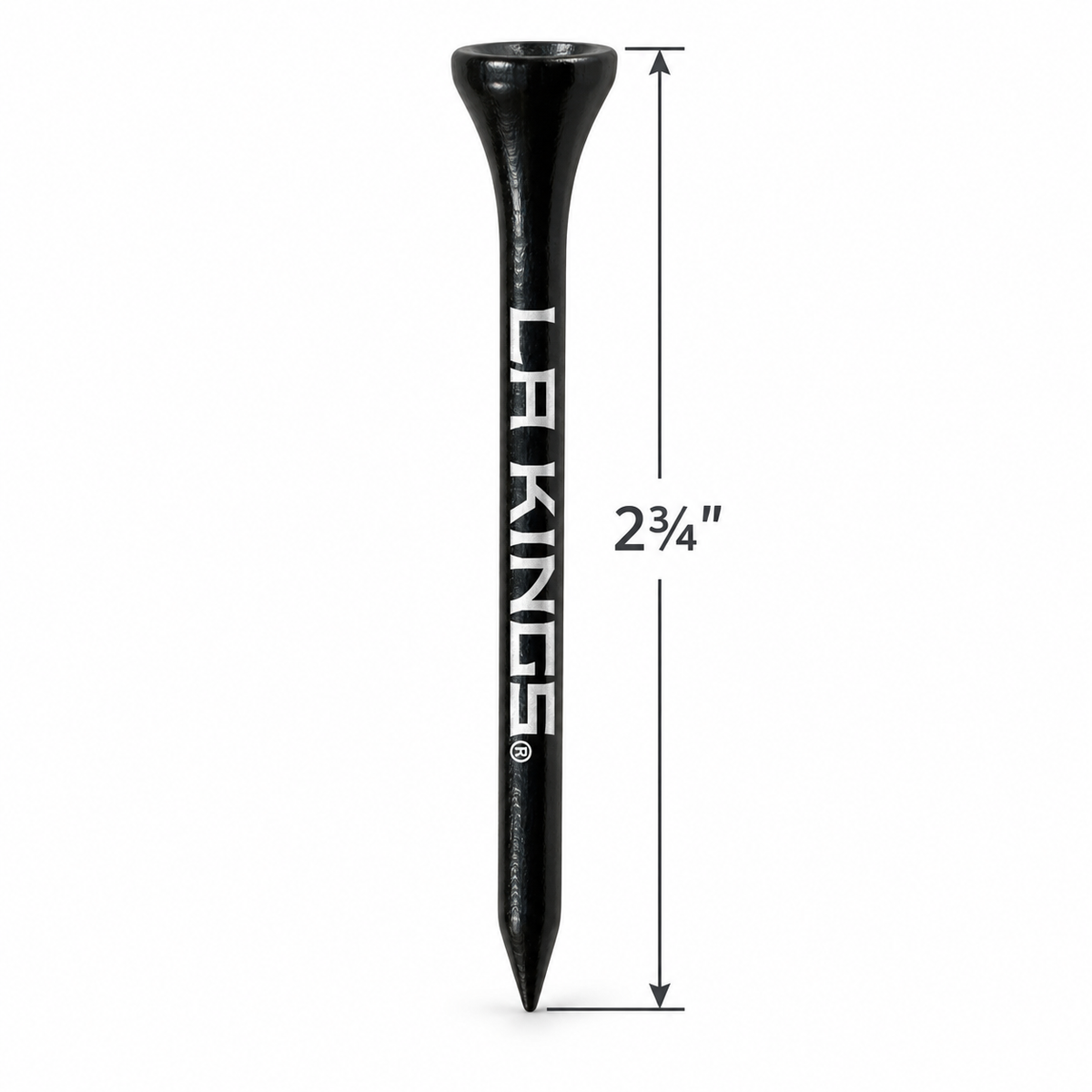Black Los Angeles Kings golf tee with a 2¾-inch height measurement.