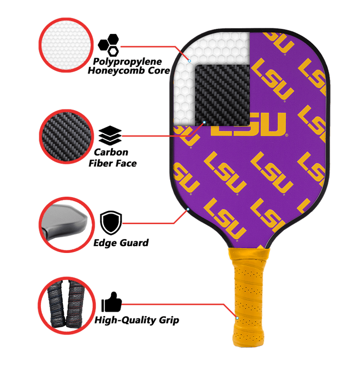 LSU Tigers Pickleball Paddle | Carbon Fiber Face | 12mm Core - Club Rehab