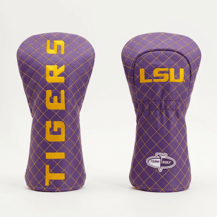 Two purple golf club head covers with 'Tigers' and 'LSU' branding on a white background.