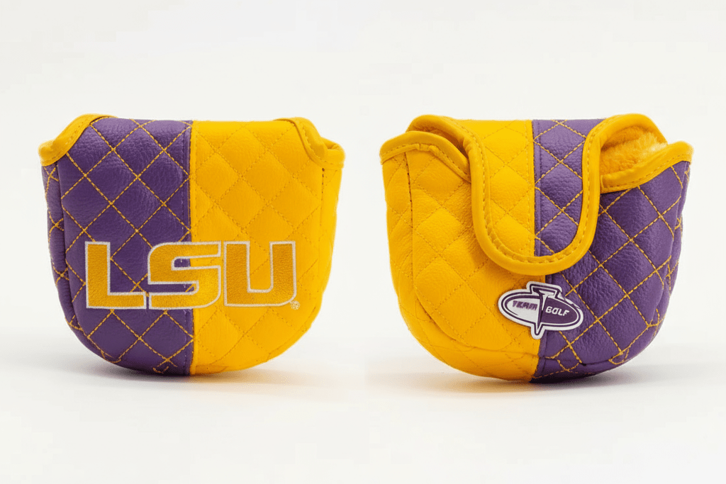 Purple and yellow golf club covers with LSU logo on a white background