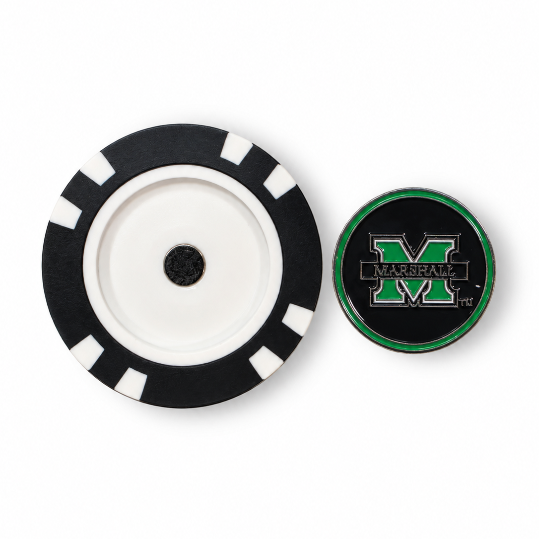 Marshall Thundering Herd removable golf ball marker set on white background