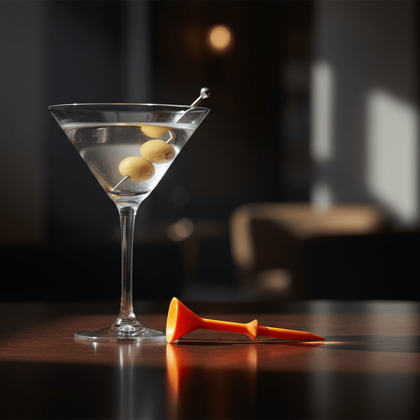 Martini glass with olives and a orange tee on a dark surface