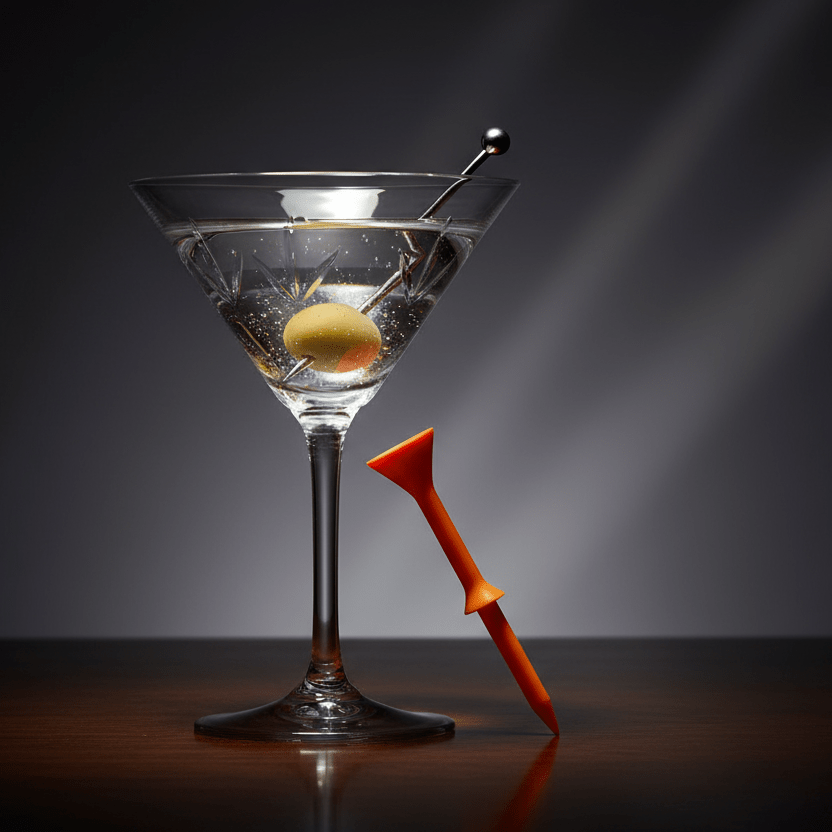 Martini glass with olive and orange step-up golf tee on a dark background