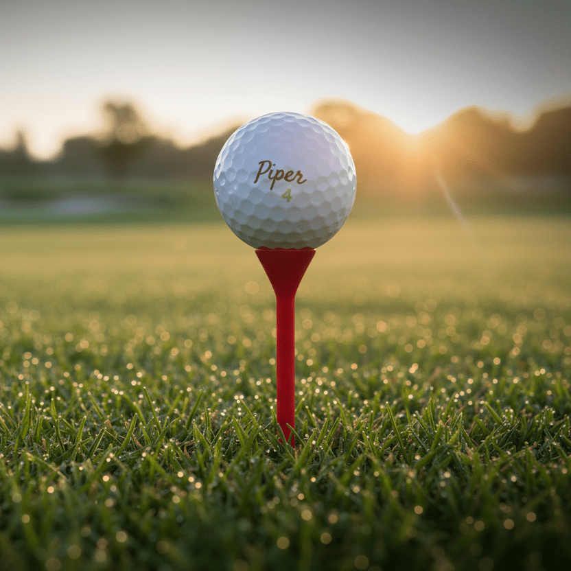 Golf ball on a red tee in a golf course with a sunset in the background