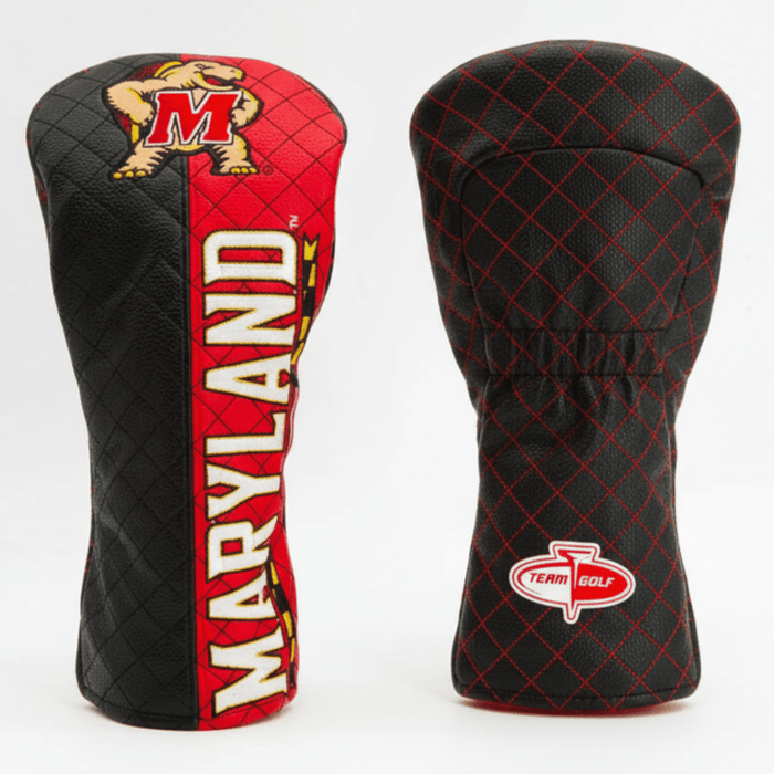 Golf club head covers with Maryland logo on a white background