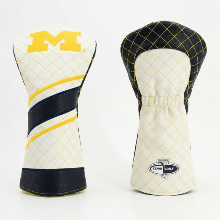 Two golf club head covers with a prominent 'M' logo on a white background