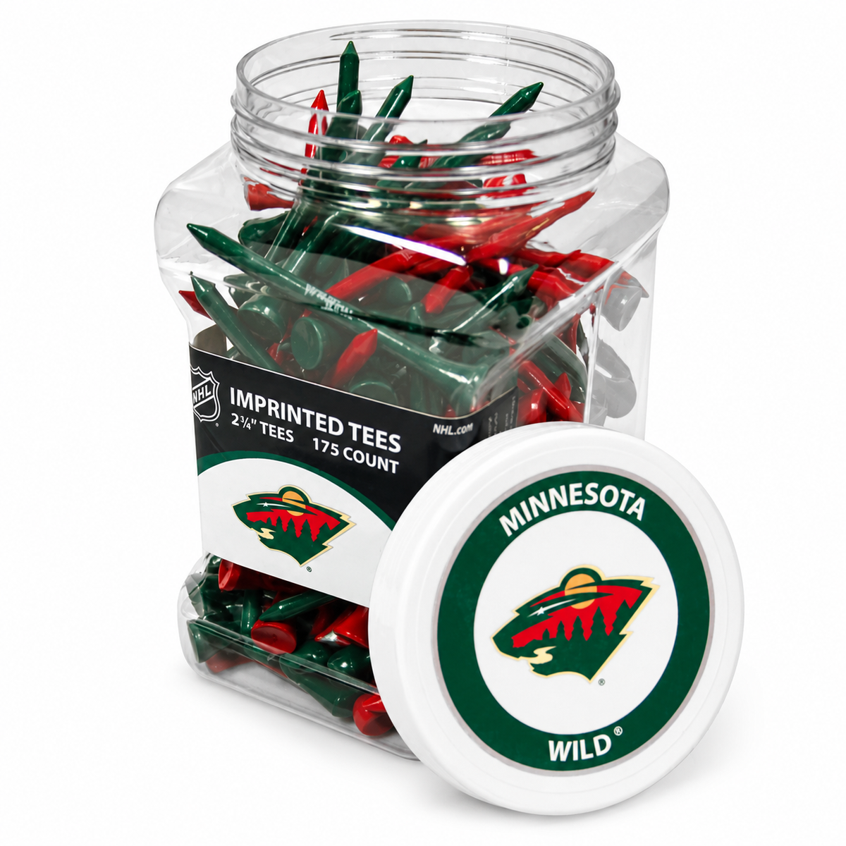 Minnesota Wild jar containing 175 2¾-inch golf tees with its separate team-logo lid.