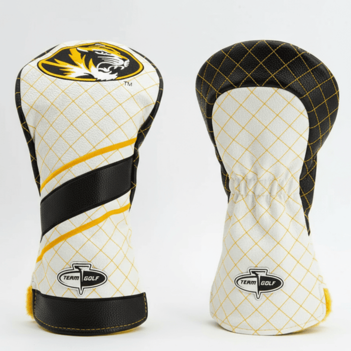 Two golf club head covers with a grid pattern and black and yellow accents on a white background.