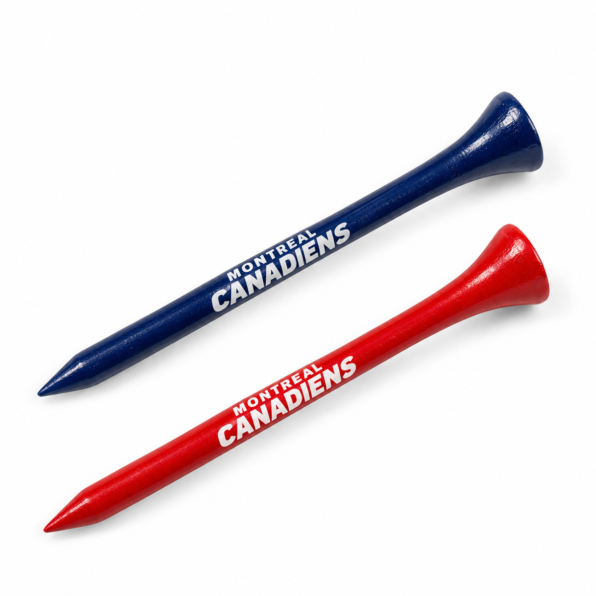 Montreal Canadiens golf tees in navy and red with team lettering.