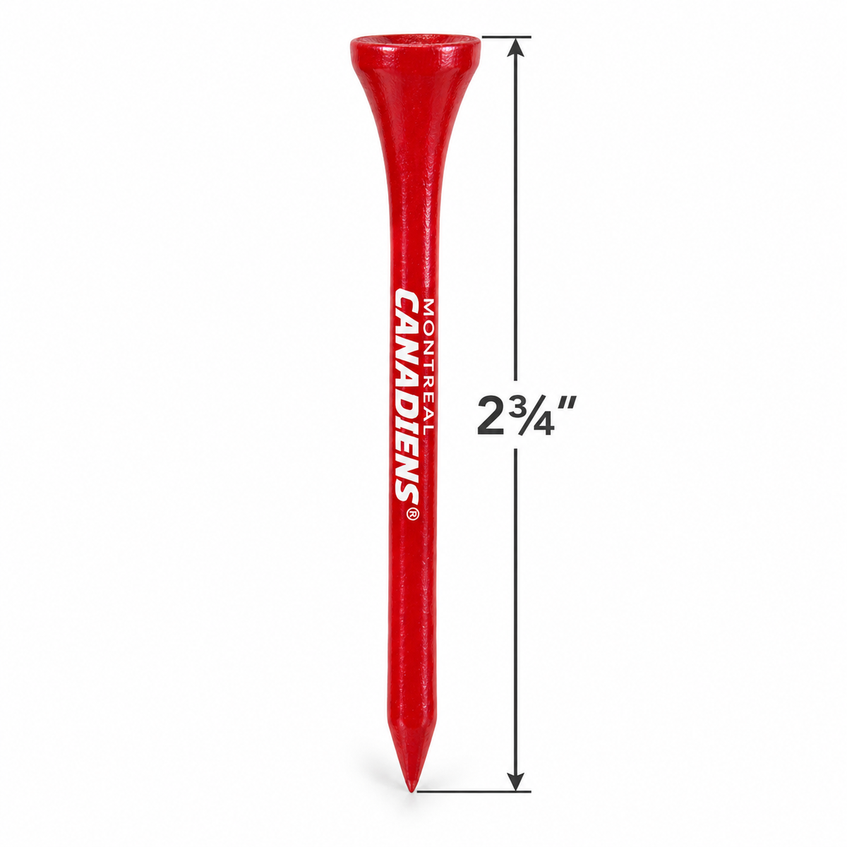 Red Montreal Canadiens golf tee with a 2¾-inch height measurement.
