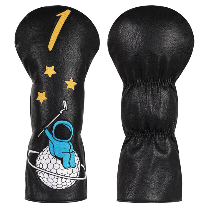 Black golf club head cover with blue glove and white ball design, featuring yellow stars and number '1'.