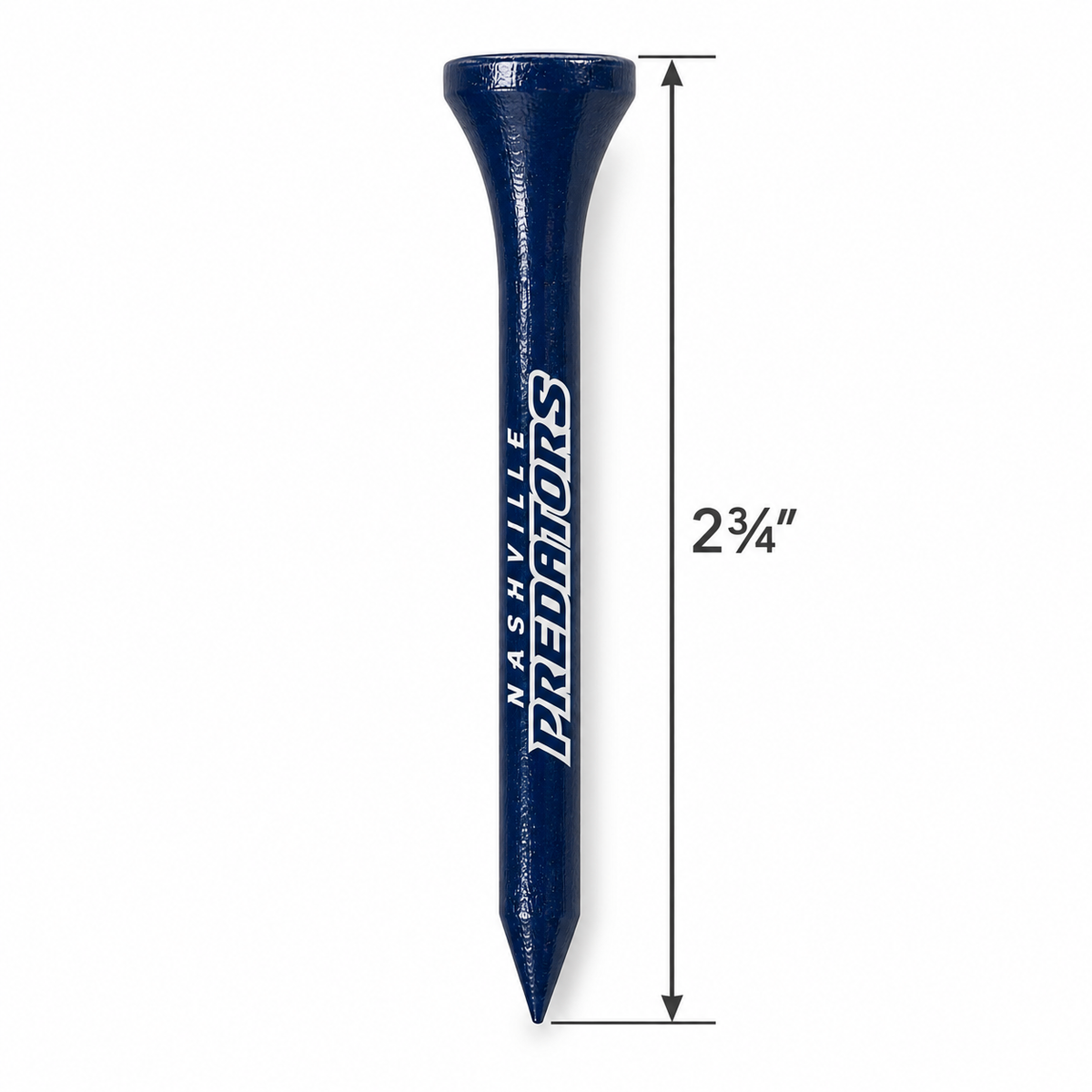 Navy Nashville Predators golf tee with a 2¾-inch height measurement.