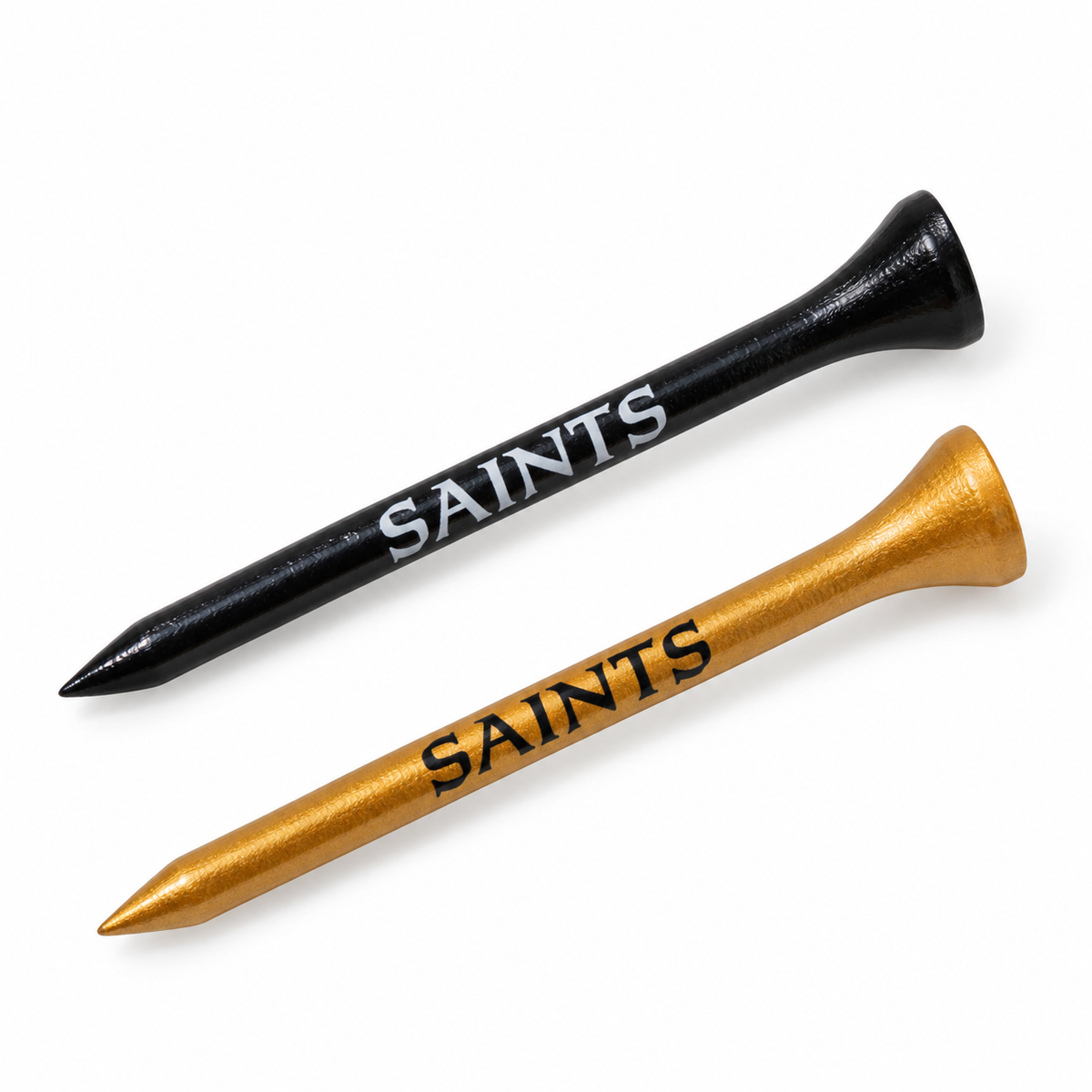 New Orleans Saints golf tees in black and metallic gold with team lettering.