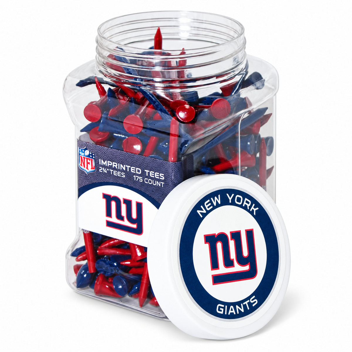 Close-up of the New York Giants 175-count tee jar and separate lid.