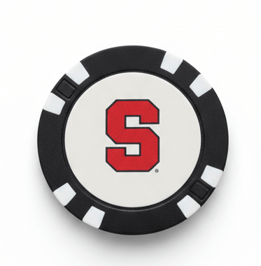 Poker chip with a red 'S' on a white background