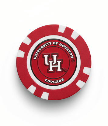 Red and white poker chip with a logo on a white background