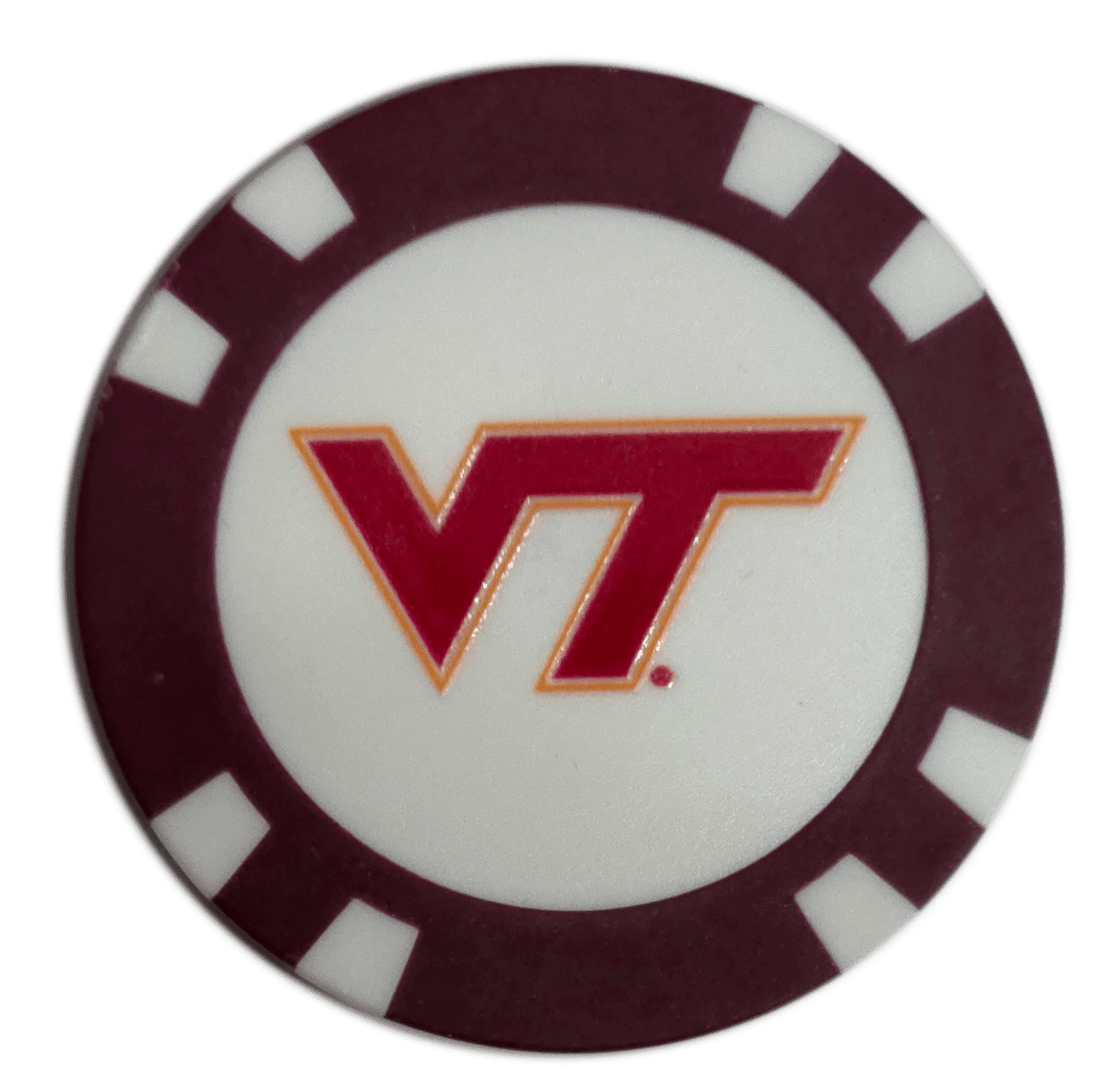 Poker chip with Virginia Tech logo on a white background