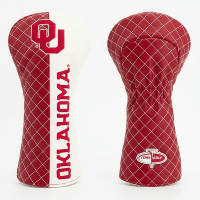 Red and white golf club head covers with 'Oklahoma' branding on a white background