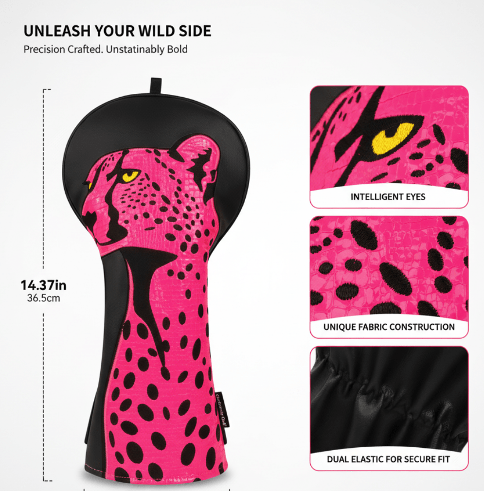 Pink and black leopard print headcover with features highlighted on a white background